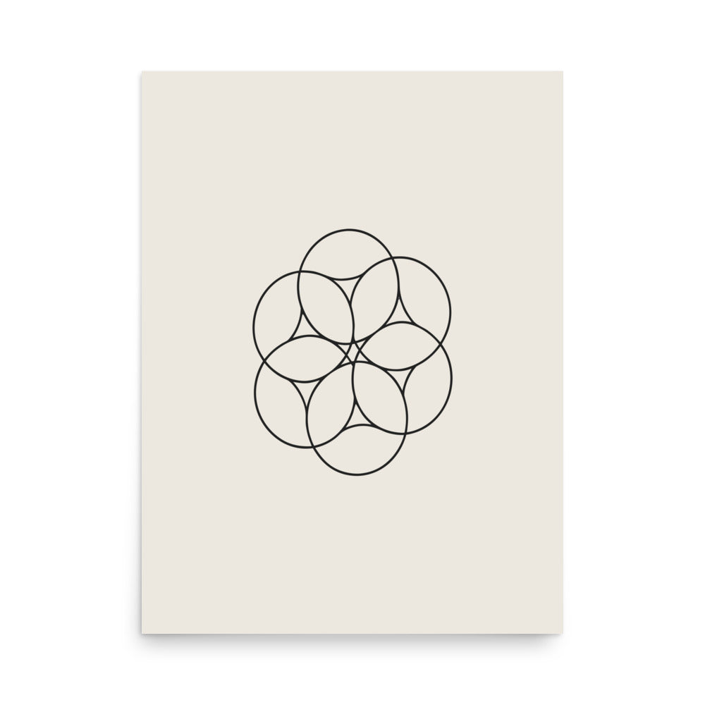 An orthographic projection of hexagonal close packing spheres in wireframe circles on an art print. 18″×24″ size.