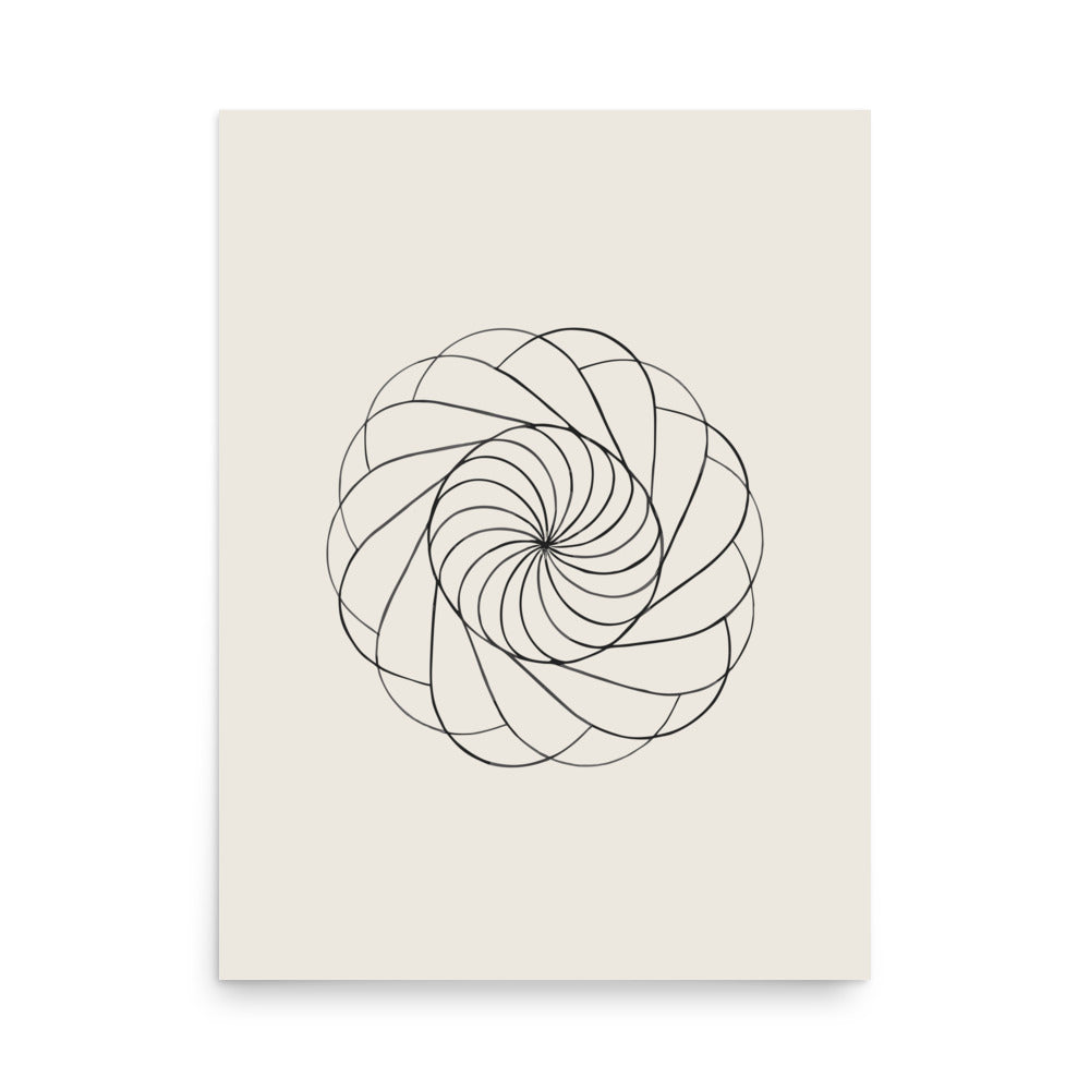 A sequence of nested Reuleaux triangles rotated progressively around a central hub, printed on an art print. 18″×24″ size.