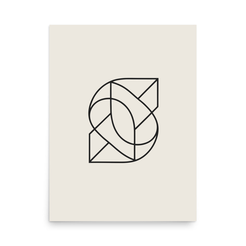 A flat orthographic vector projection of a 3D Lissajous knot printed in a single continuous hairline path on an art print. 18″×24″ size.