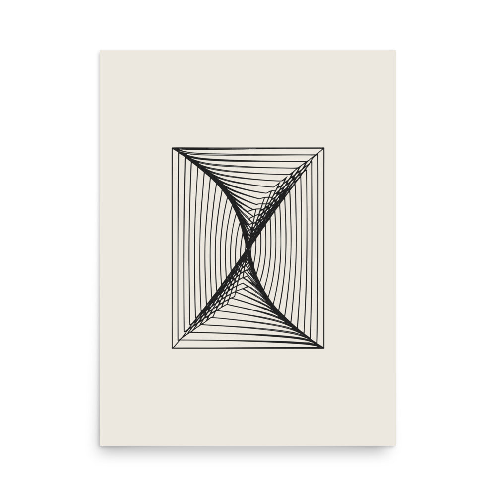 A systematic vector print of parallel vertical lines distorted by a central spiral on an art print. 18″×24″ size.