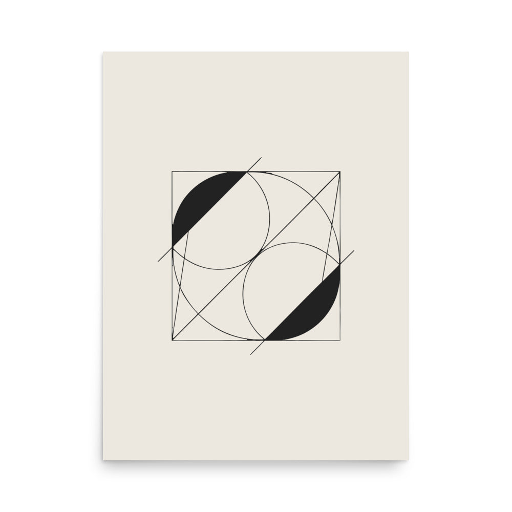 A vector line art design of intersecting crescent-shaped lunettes over a right triangle on an art print. 18″×24″ size.