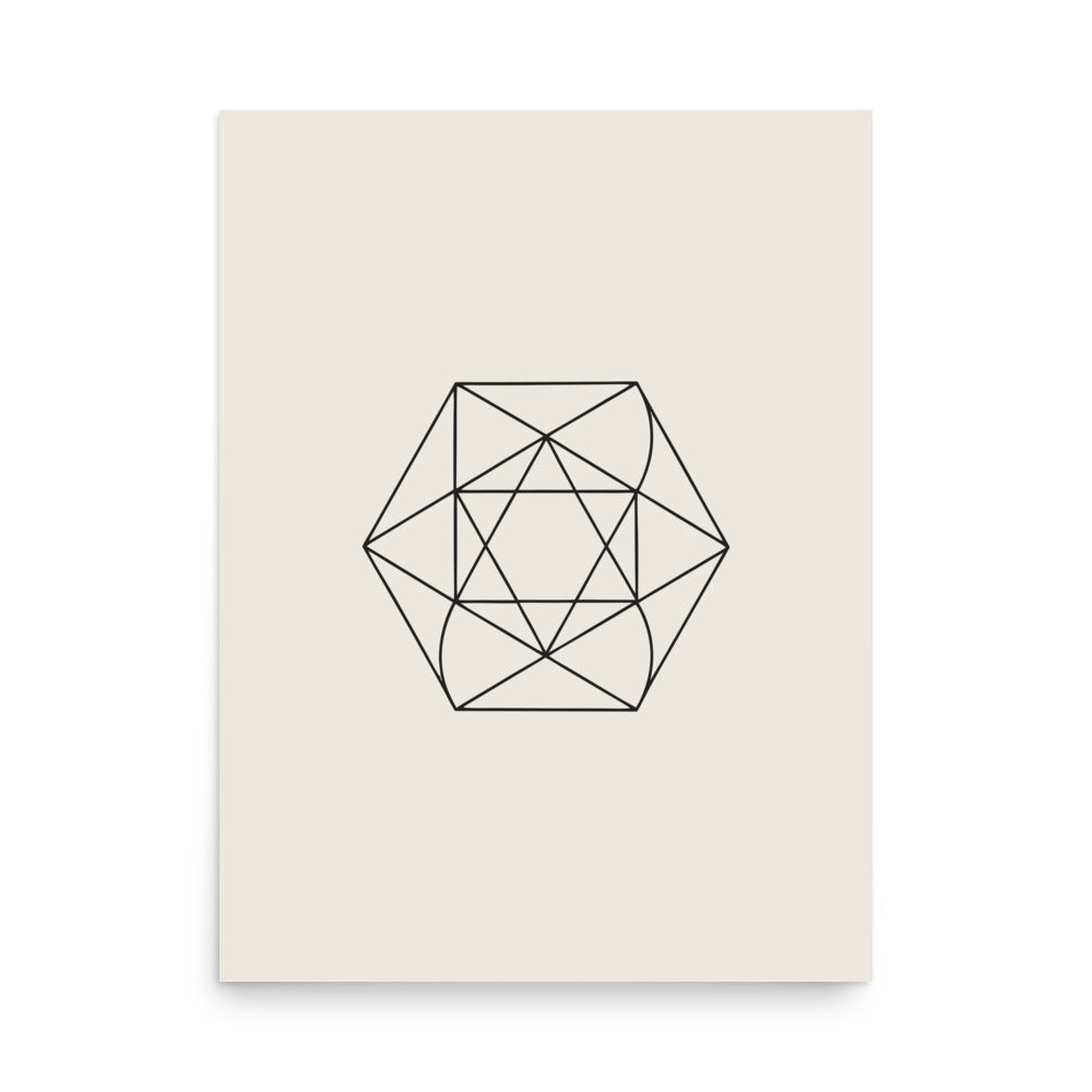 A regular heptagon subdivided into interlocking triangles and outer radiating facets in clean hairline stroke art on an art print. 18″×24″ size.