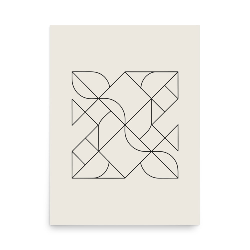 A vector line drawing of a Heesch tiling pattern with interlocking irregular polygons on an art print. 18″×24″ size.