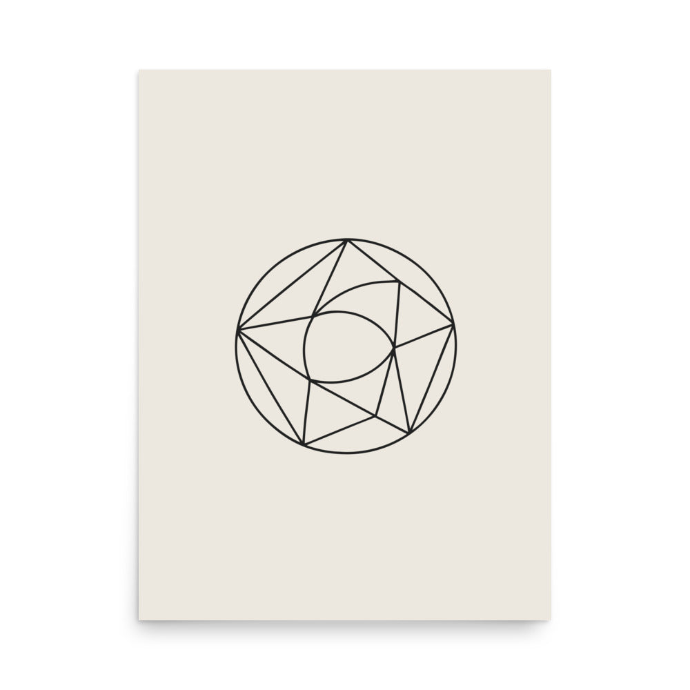 An orthographic projection of a triangulated Mobius strip printed in thin wireframe lines on an art print. 18″×24″ size.