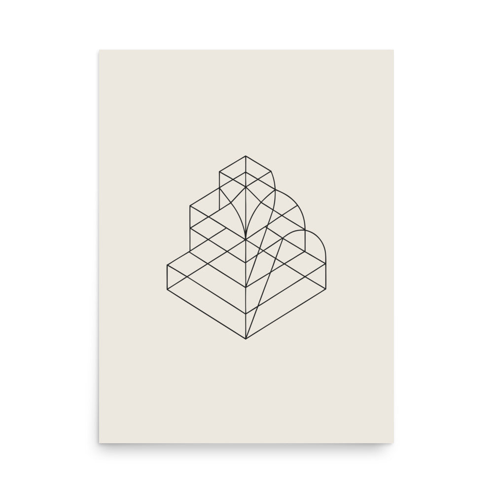 An isometric wireframe projection of a stepped, square-based pyramid printed on an art print. 18″×24″ size.