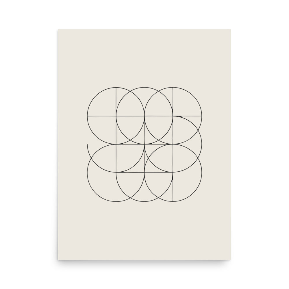 A minimalist geometric print of intersecting orthogonal circular arcs forming a bipolar grid on an art print. 18″×24″ size.