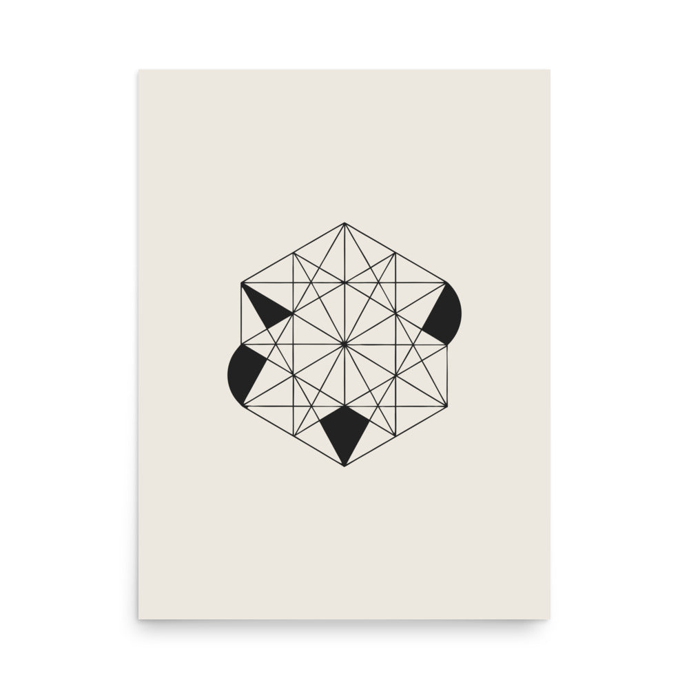 A close-up of a tri-hexagonal Kagome lattice pattern with interlocking stars and hexagons in fine lines on an art print. 18″×24″ size.