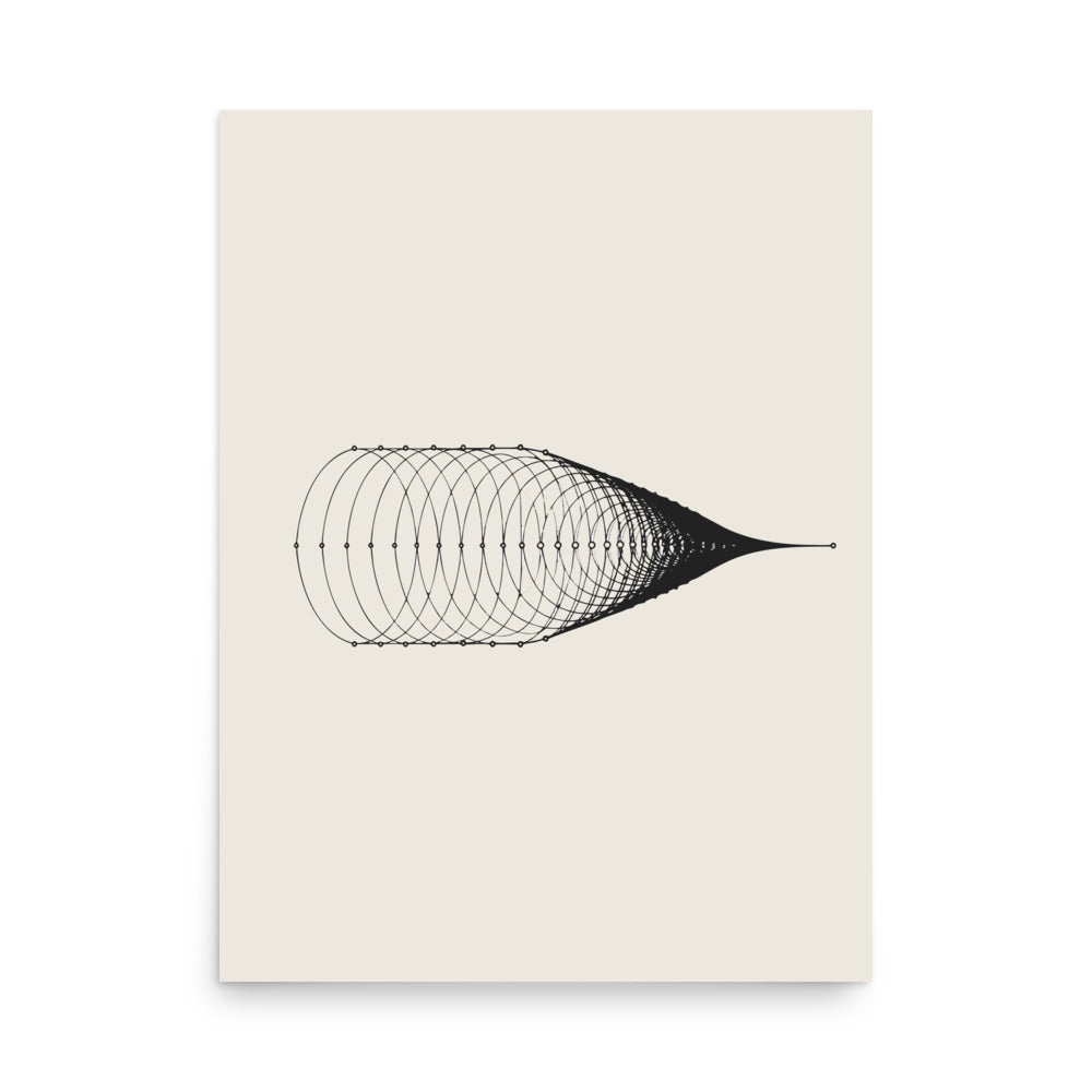 A horizontal vector path displaying a frequency-modulated sine wave with systematic compression on an art print. 18″×24″ size.