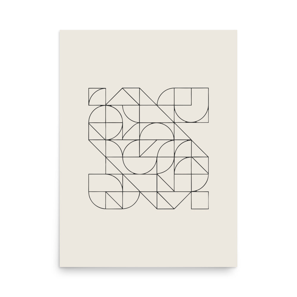 A continuous Pythagorean tiling pattern of alternating small and large squares in hairline strokes printed on an art print. 18″×24″ size.