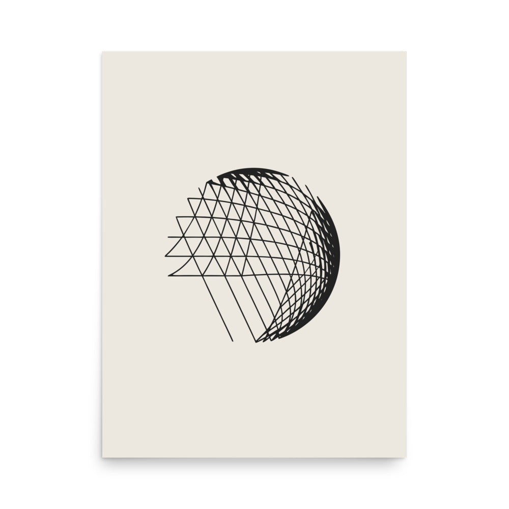 An abstract hyperbolic cylinder printed on an art print, constructed from intersecting straight vector lines. 18″×24″ size.