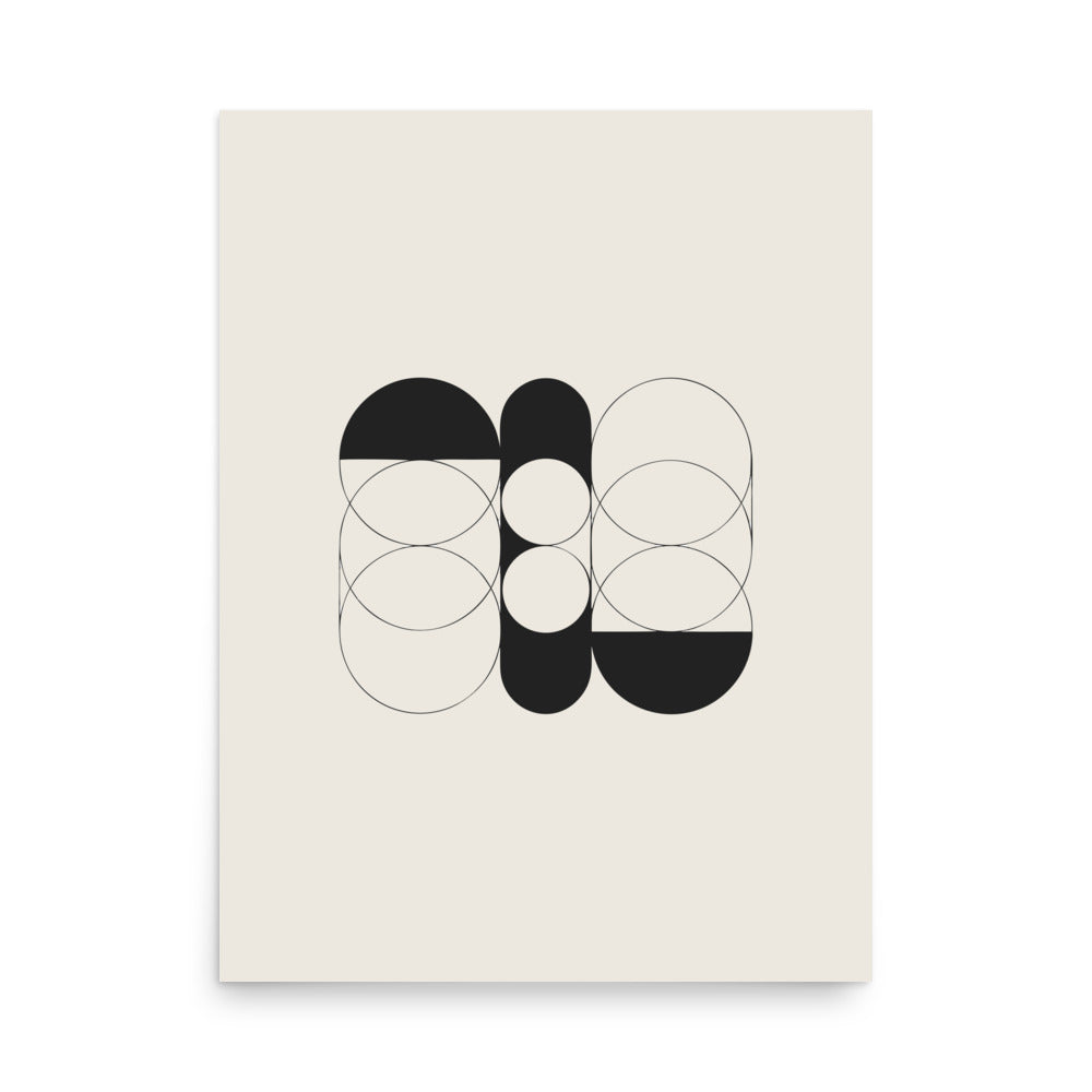 A sequence of nested Cassini ovals in fine hairline weight, transitioning from two loops to a flattened ellipse on an art print. 18″×24″ size.