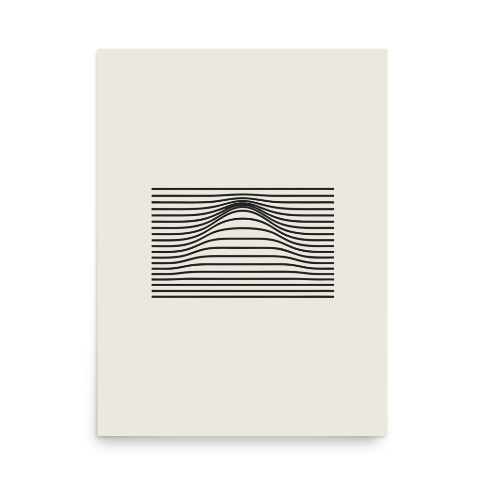 A geometric graphic of parallel horizontal lines bending upward in the center to form a Gaussian bell curve on an art print. 18″×24″ size.