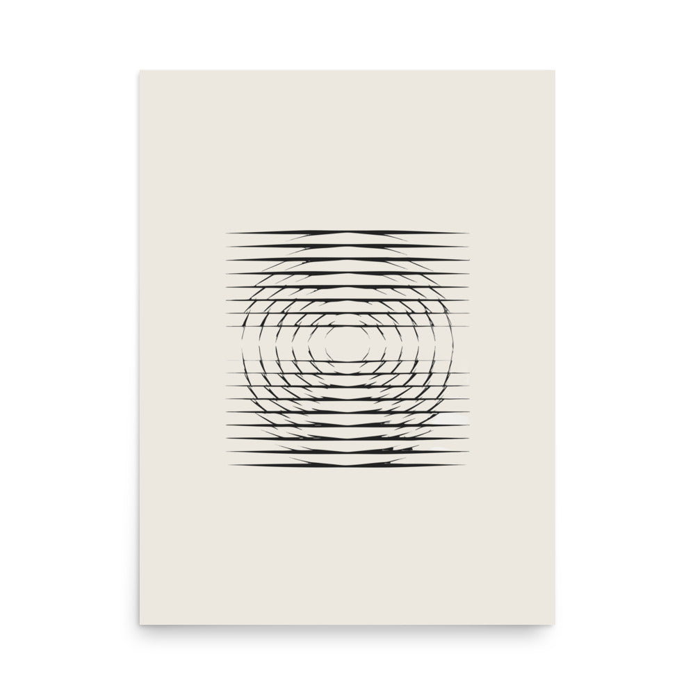 A grid of horizontal line segments decreasing in density radially from a central focal point, printed on an art print. 18″×24″ size.