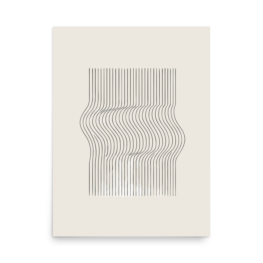 Phased wave modulation linear art design featuring sixty parallel lines with sinusoidal deformation on an art print. 18″×24″ size.