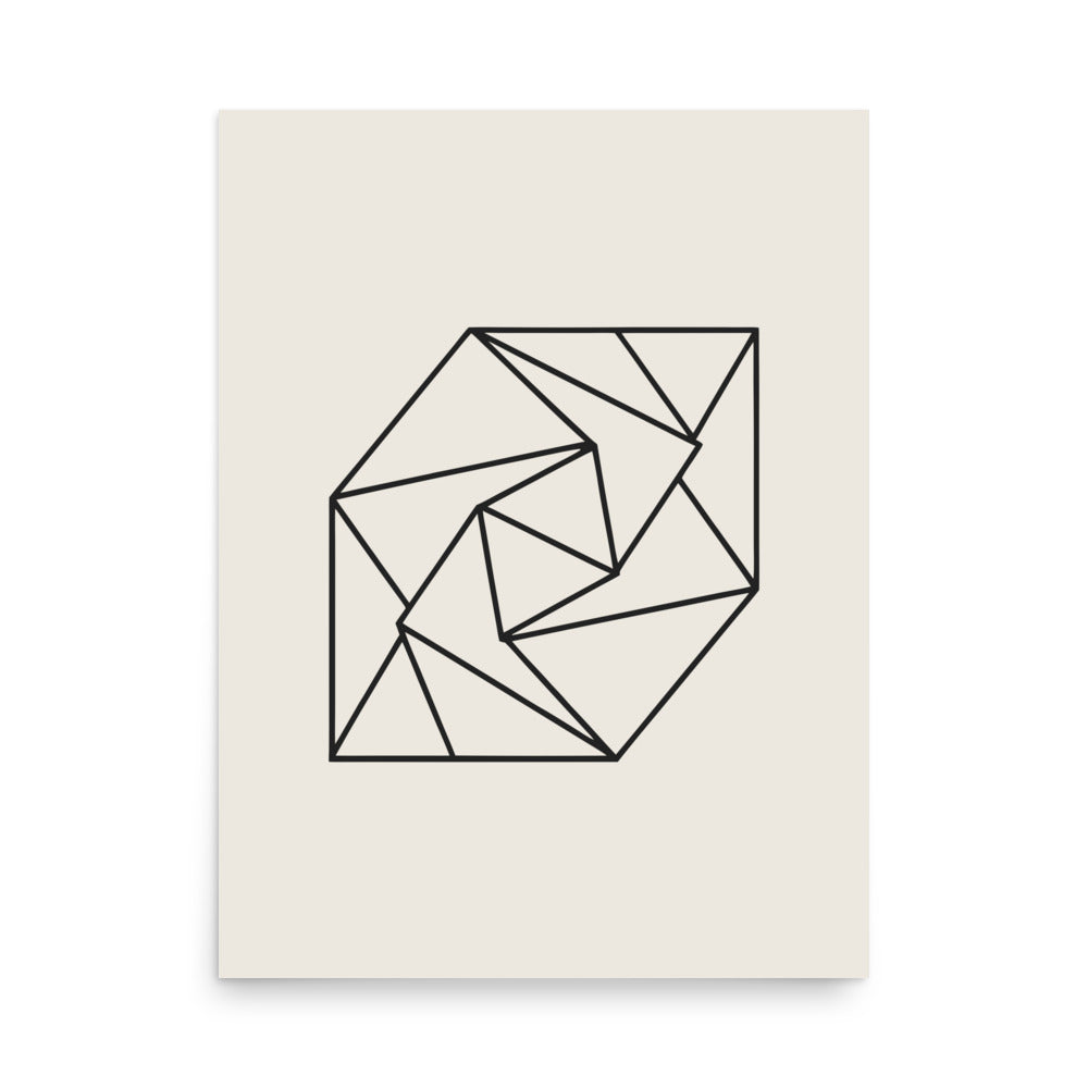 A spiral progression of twelve folded triangular planes in a hairline-weight line art print on a classic art print. 18″×24″ size.