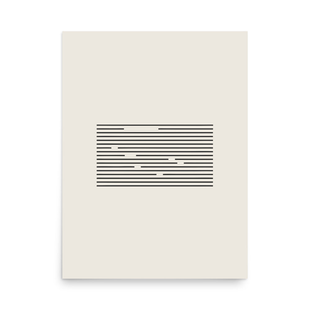 A staggered grid of ruled horizontal line segments printed in a minimalist linear abstract style on an art print. 18″×24″ size.