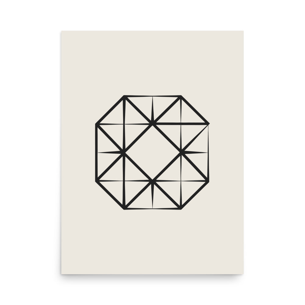 Technical illustration of four interlocking squares rotated ninety degrees on an art print. 18″×24″ size.