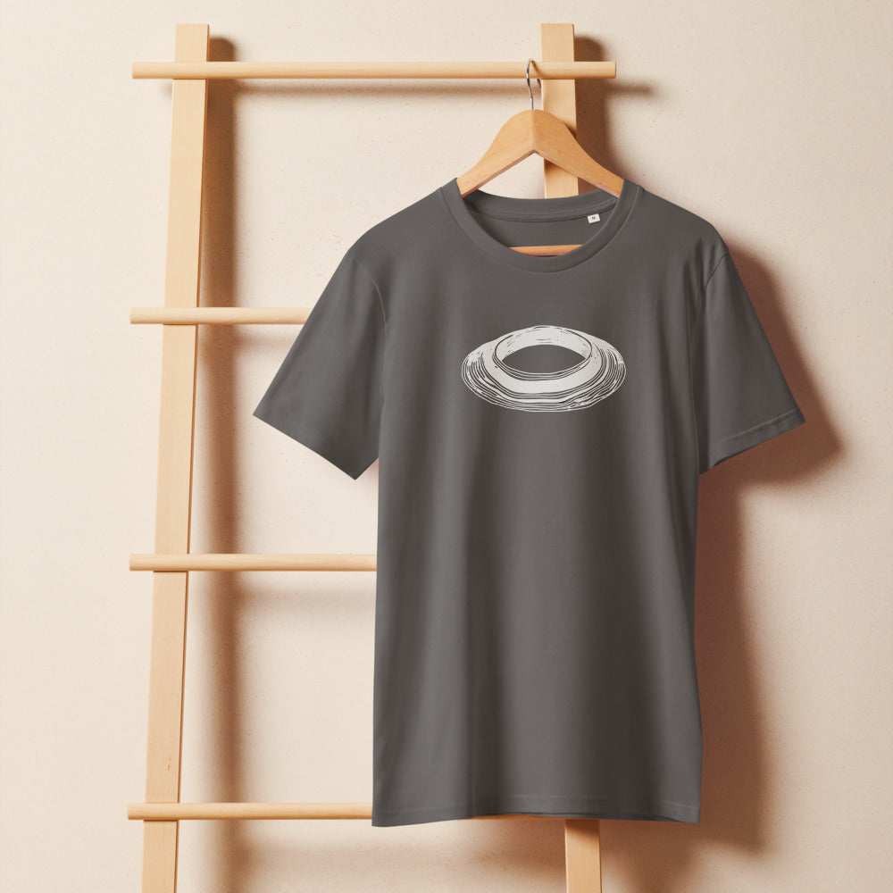 A clean topographic survey of an impact crater, rendered in fine black contour lines on a t-shirt. On a wooden hanger, Slate colourway.