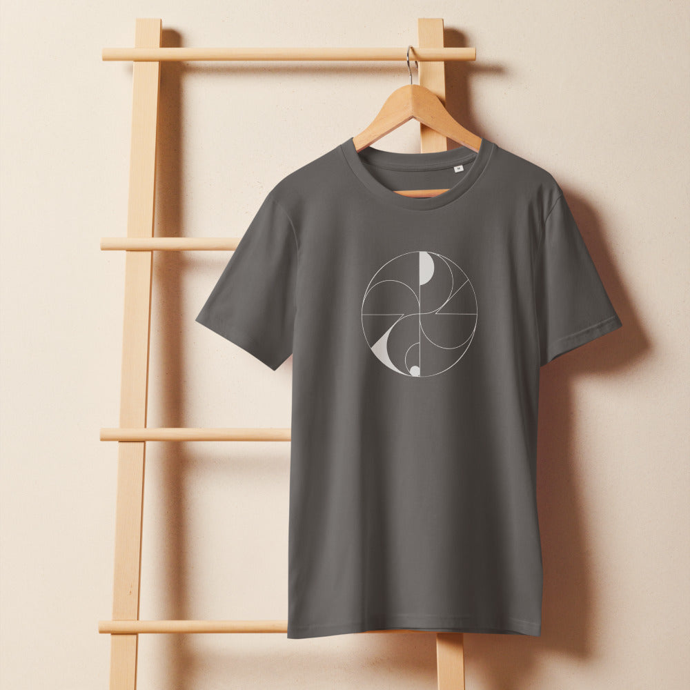 Hairline-weight vector illustration of dual overlapping spiric torus lobes printed on a minimalist t-shirt. On a wooden hanger, Slate colourway.