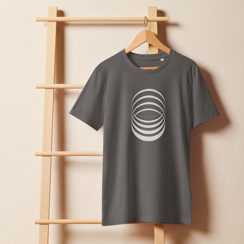 A sequence of eight concentric ellipses progressively flattened and rotated, printed on a t-shirt. On a wooden hanger, Slate colourway.