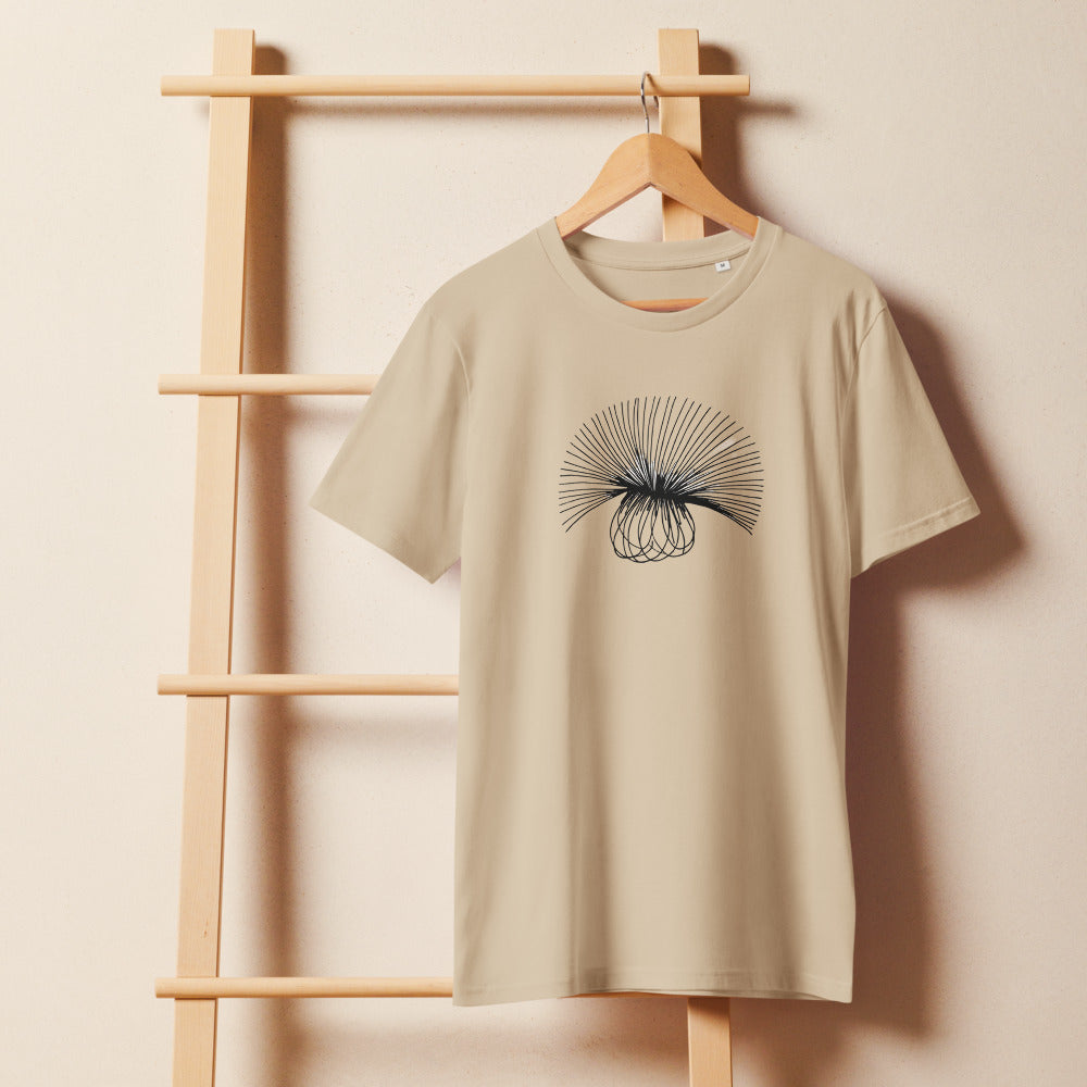 An engraving-style line art design of a sow thistle seed head with fine radiating lines, printed on a t-shirt. On a wooden hanger, Clay colourway.