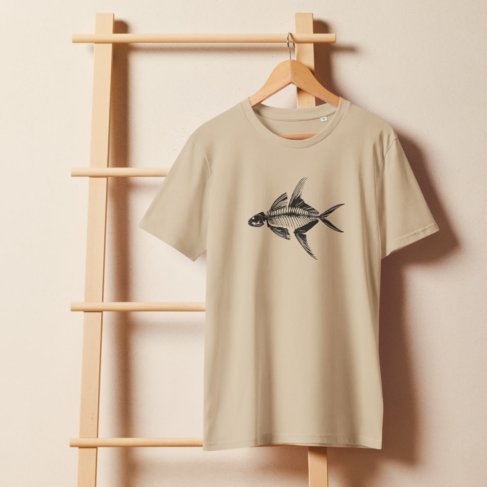 An ink line art illustration of an articulated Knightia eocaena fossil skeleton in lateral profile, printed on a t-shirt. On a wooden hanger, Clay colourway.