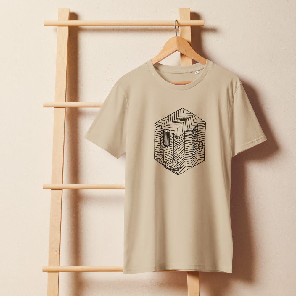 Minimalist line drawing of a square geological block showing sharp-angled chevron folds on a t-shirt. On a wooden hanger, Clay colourway.
