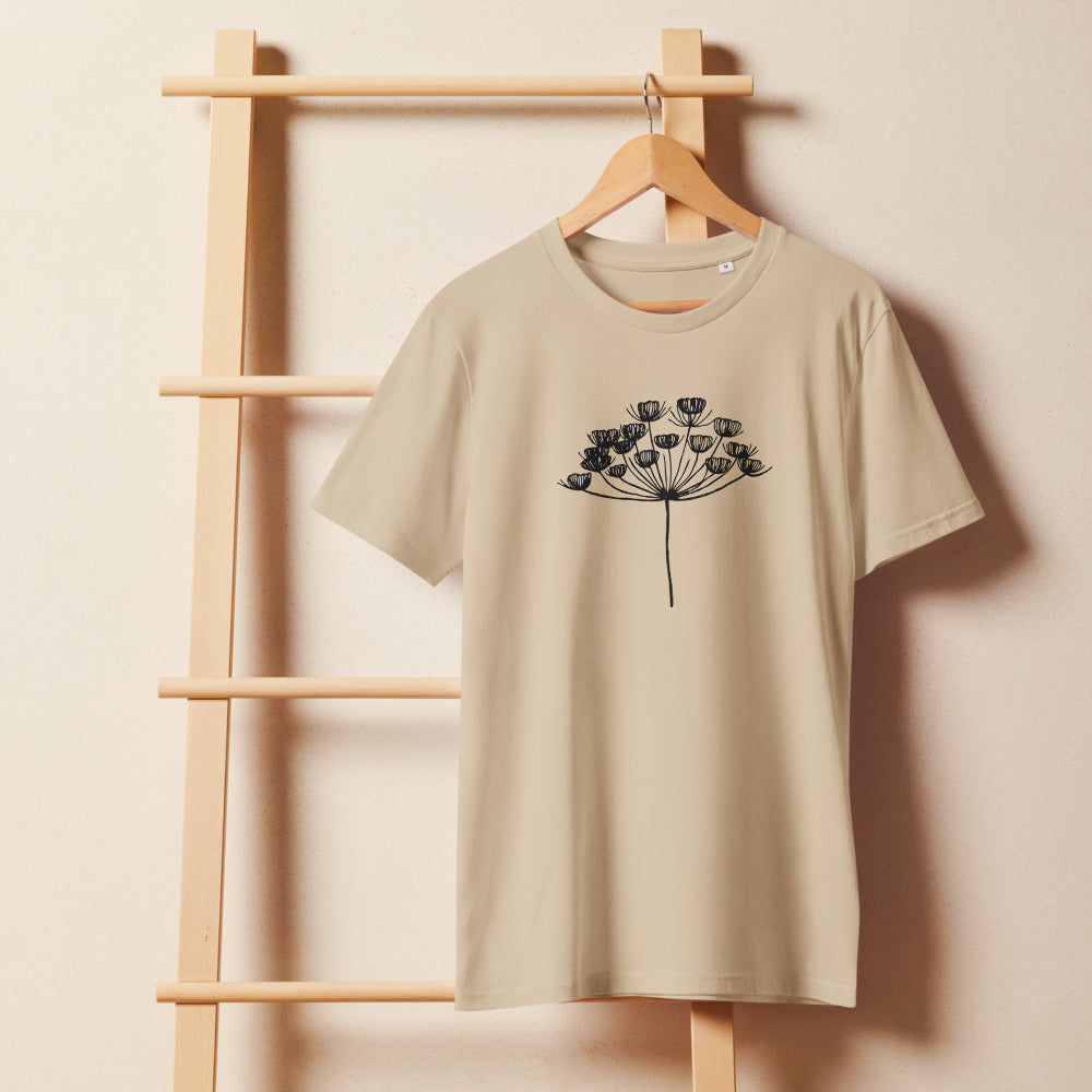 A fine-line botanical drawing of a dill seed umbel printed on a t-shirt. On a wooden hanger, Clay colourway.
