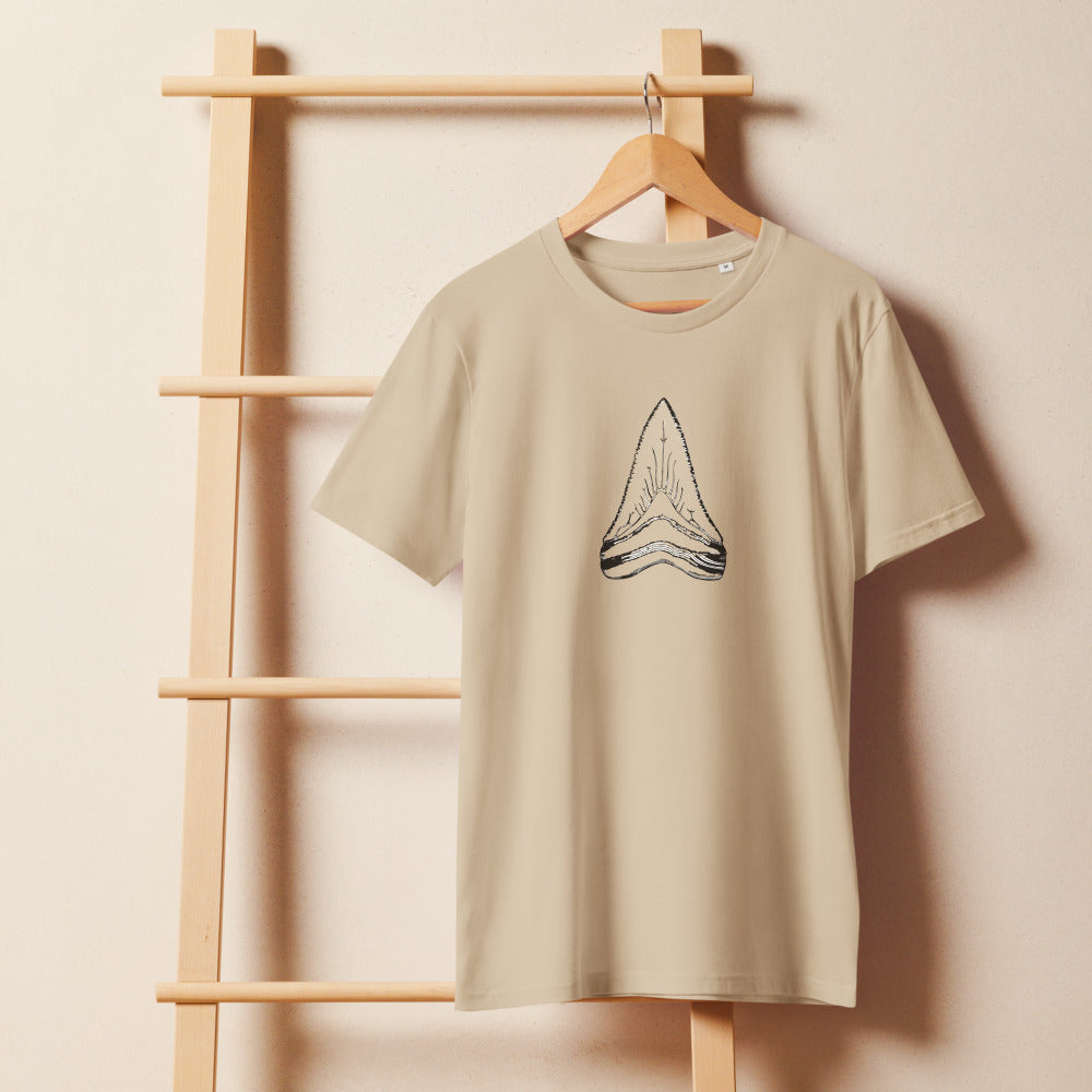 Scientific illustration of a Megalodon tooth in fine line art printed on a t-shirt. On a wooden hanger, Clay colourway.