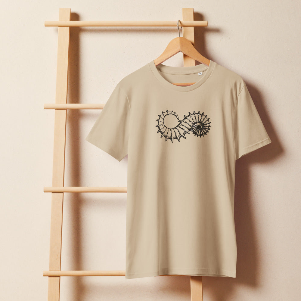 Fine line art illustration of an uncoiled Ancyloceras heteromorph ammonite printed on a t-shirt. On a wooden hanger, Clay colourway.