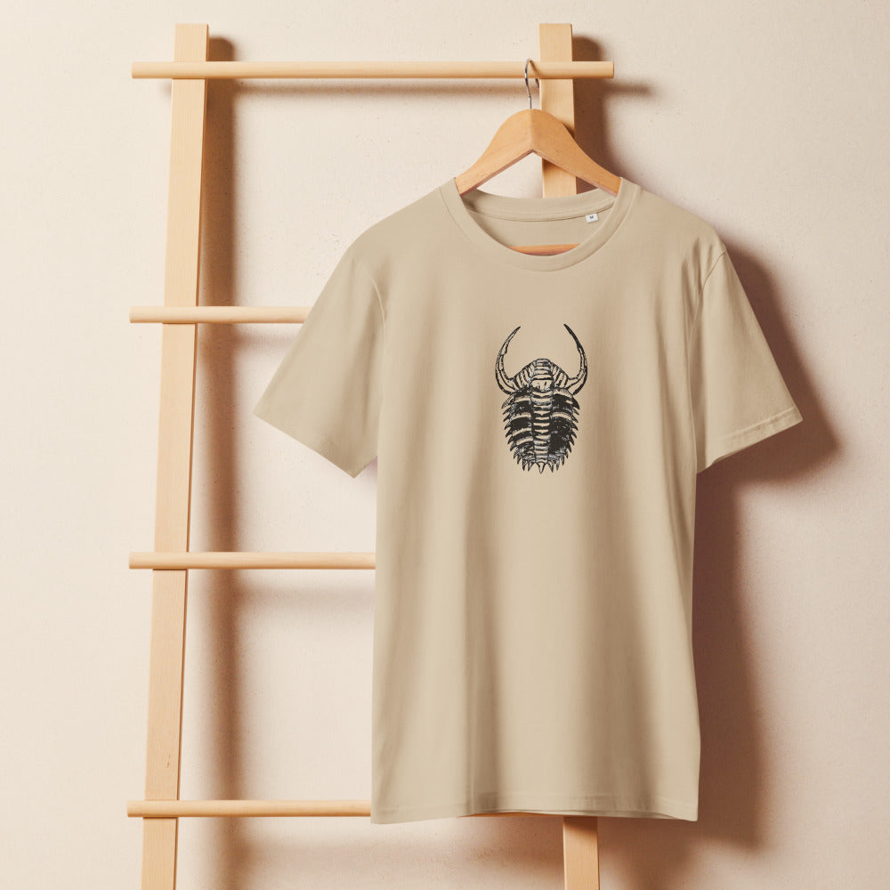 Dorsal view line art of the spiny trilobite Dicranurus monstrosus printed on a t-shirt. On a wooden hanger, Clay colourway.