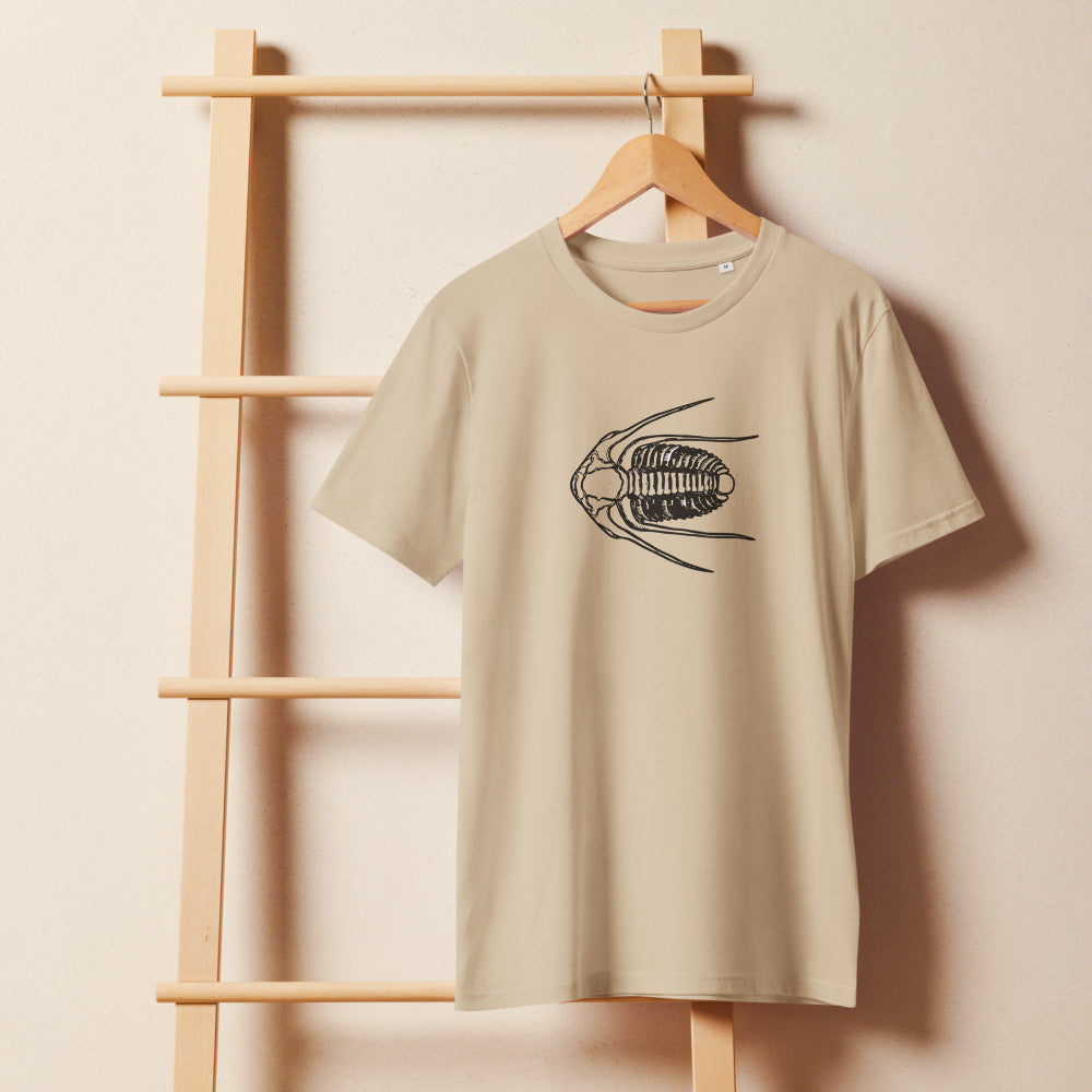 Anatomical line drawing of the Paradoxides davidis trilobite with long genal spines, printed on a crewneck t-shirt. On a wooden hanger, Clay colourway.