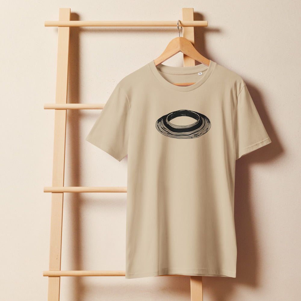 A clean topographic survey of an impact crater, rendered in fine black contour lines on a t-shirt. On a wooden hanger, Clay colourway.