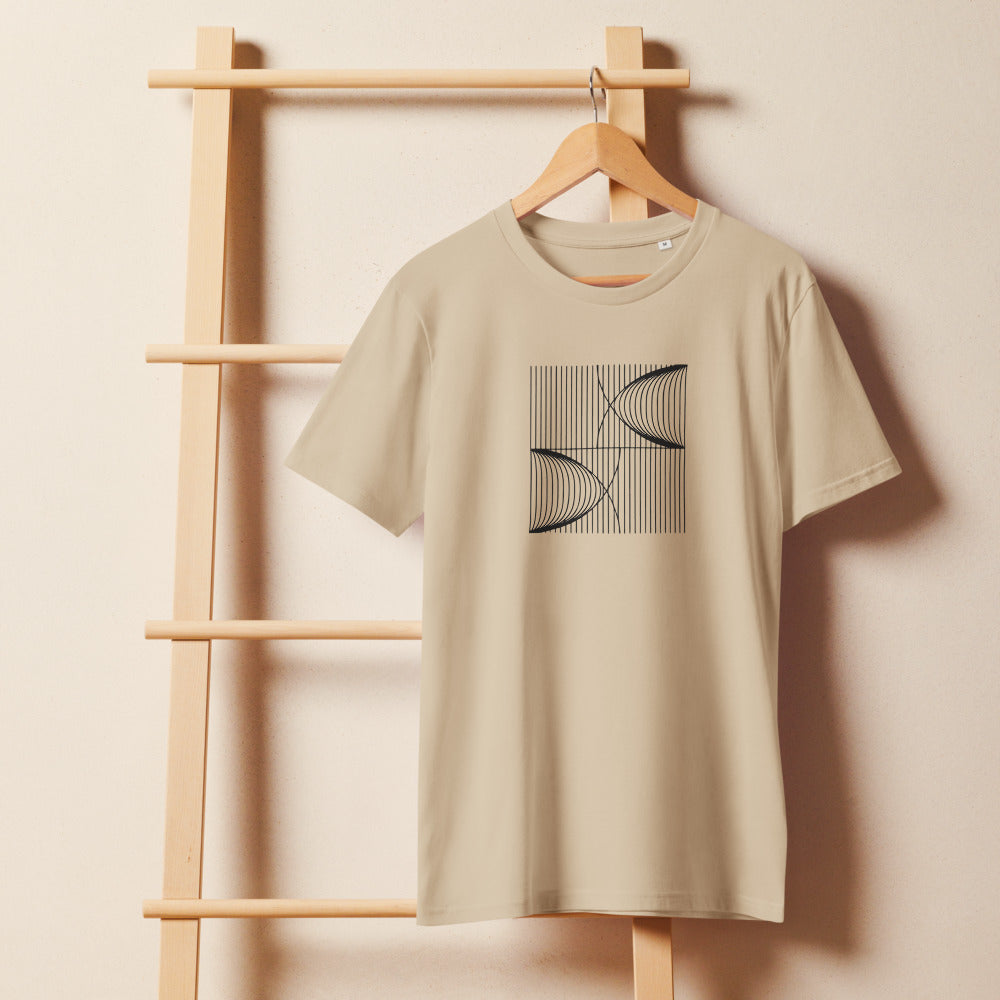A precise mathematical design of parallel vertical lines with catenary displacement printed on a t-shirt. On a wooden hanger, Clay colourway.