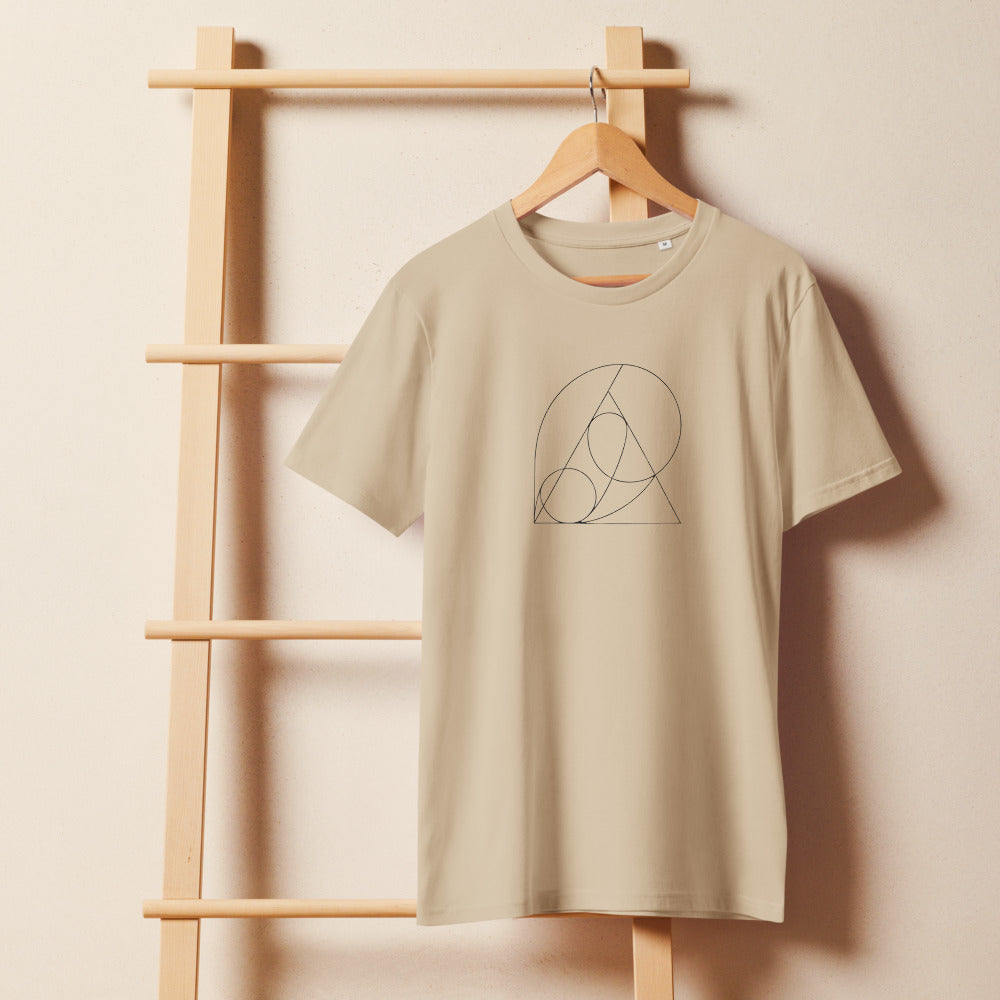 A pedal curve parabola construction in fine hairline strokes printed on a t-shirt. On a wooden hanger, Clay colourway.