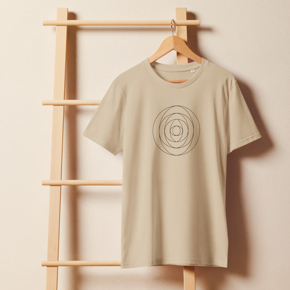 A stereographic vector mapping of a Clifford torus in clean line art on a t-shirt. On a wooden hanger, Clay colourway.