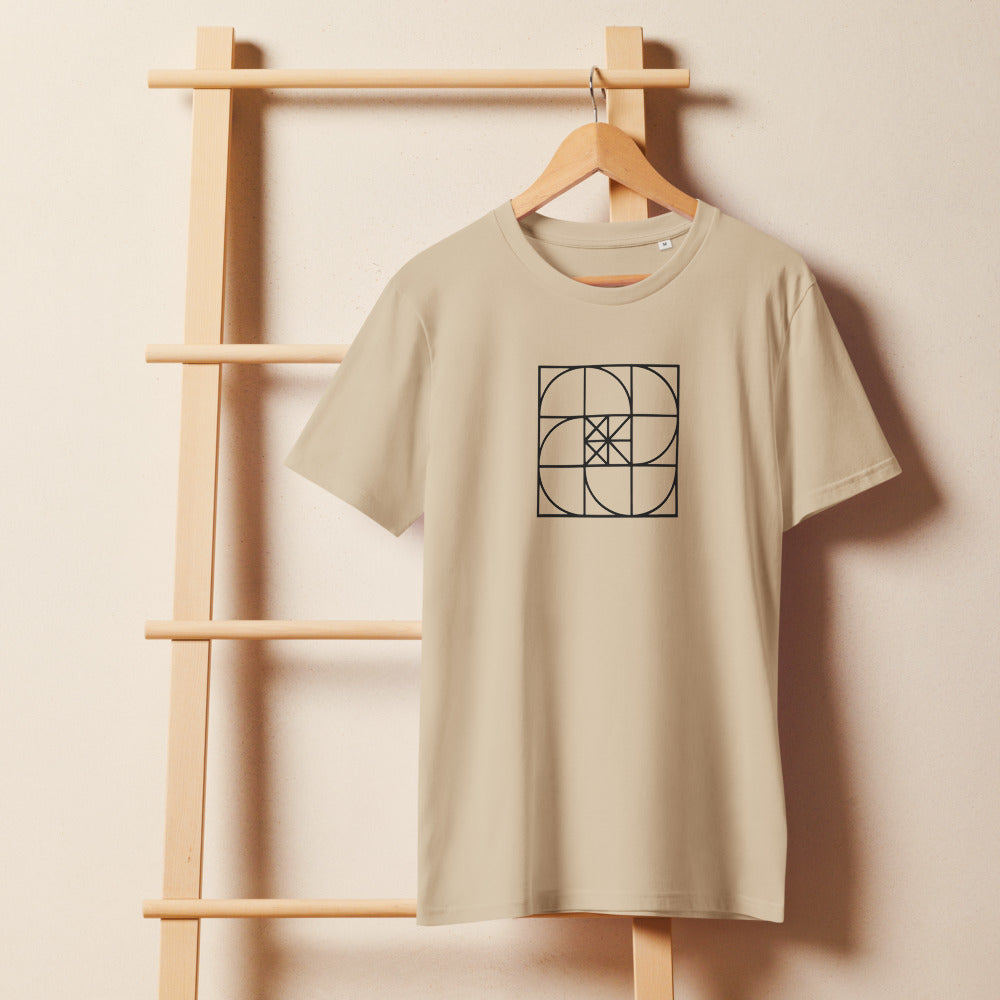 The fourth iteration of the Sierpinski carpet mathematical grid printed on a t-shirt in fine line art style. On a wooden hanger, Clay colourway.