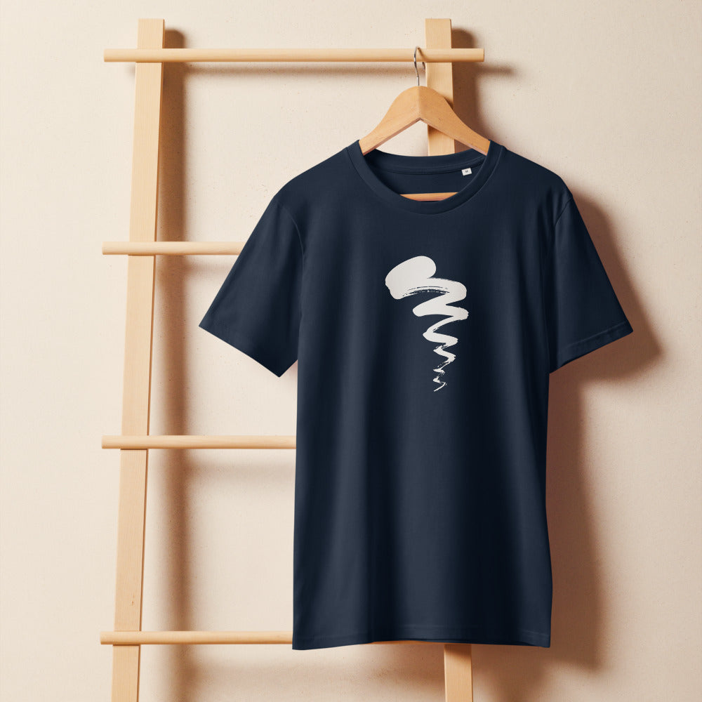 A black sumi-e ink painting of a swimming tadpole with a thick head and dry-brush tail printed on a t-shirt. On a wooden hanger, Ink colourway.