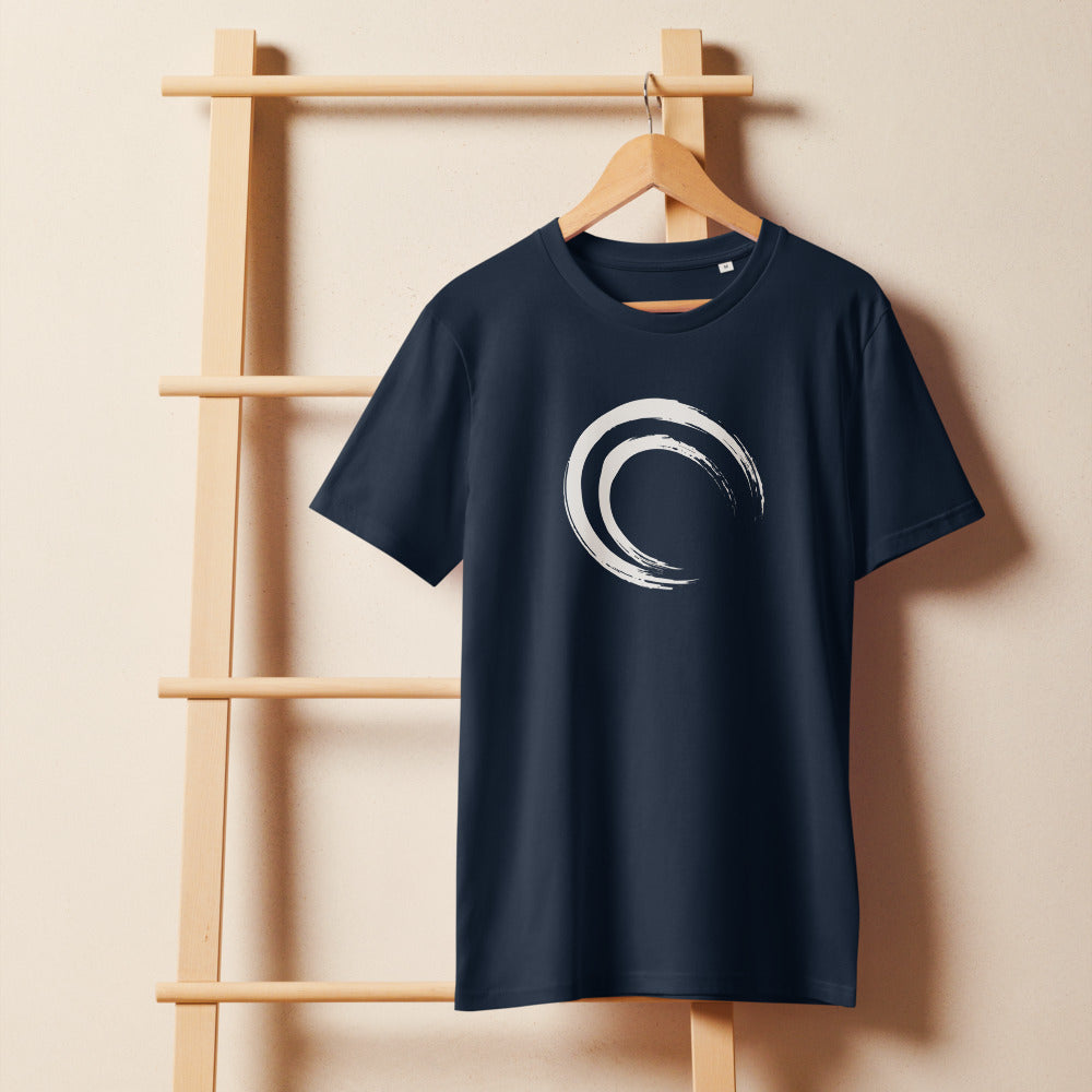 A double-layered crescent enso printed in black ink on a casual t-shirt. On a wooden hanger, Ink colourway.