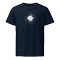 An ink-drawn diagram of a solar sunspot with radiating penumbra filaments printed on a t-shirt. Shown on the Ink (French Navy) colorway.