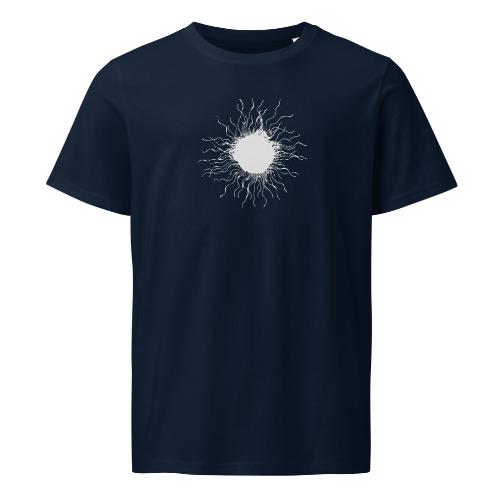 An ink-drawn diagram of a solar sunspot with radiating penumbra filaments printed on a t-shirt. Shown on the Ink (French Navy) colorway.