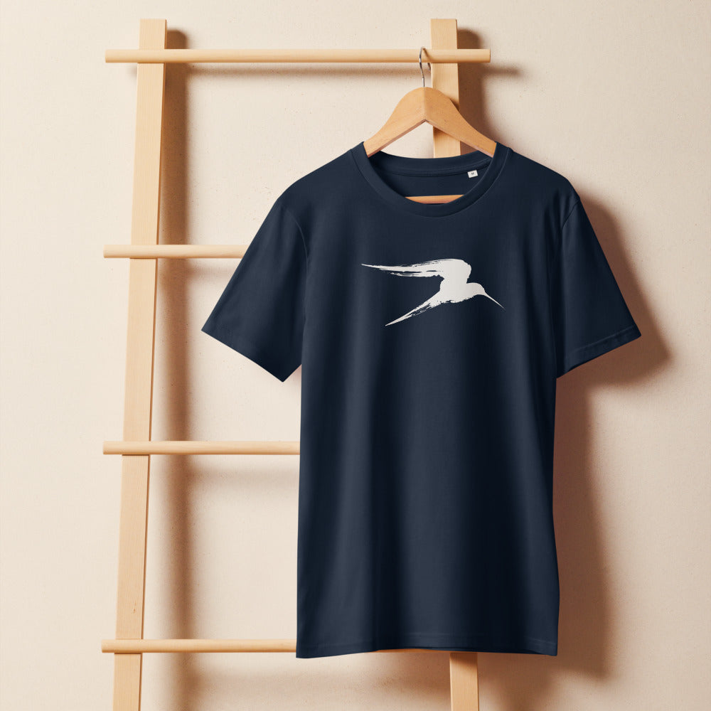 An asymmetric sumi-e ink painting of a gliding heron in flight, printed on a classic t-shirt. On a wooden hanger, Ink colourway.
