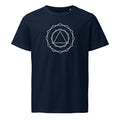 A nested progression of regular polygons from a central triangle to a 24-gon in crisp vector lines on a t-shirt. Shown on the Ink (French Navy) colorway.