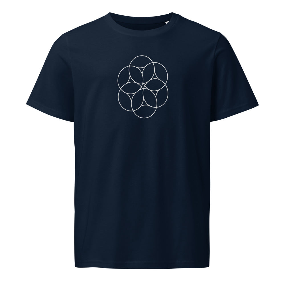 An orthographic projection of hexagonal close packing spheres in wireframe circles on a t-shirt. Shown on the Ink (French Navy) colorway.