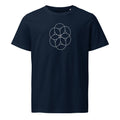 An orthographic projection of hexagonal close packing spheres in wireframe circles on a t-shirt. Shown on the Ink (French Navy) colorway.