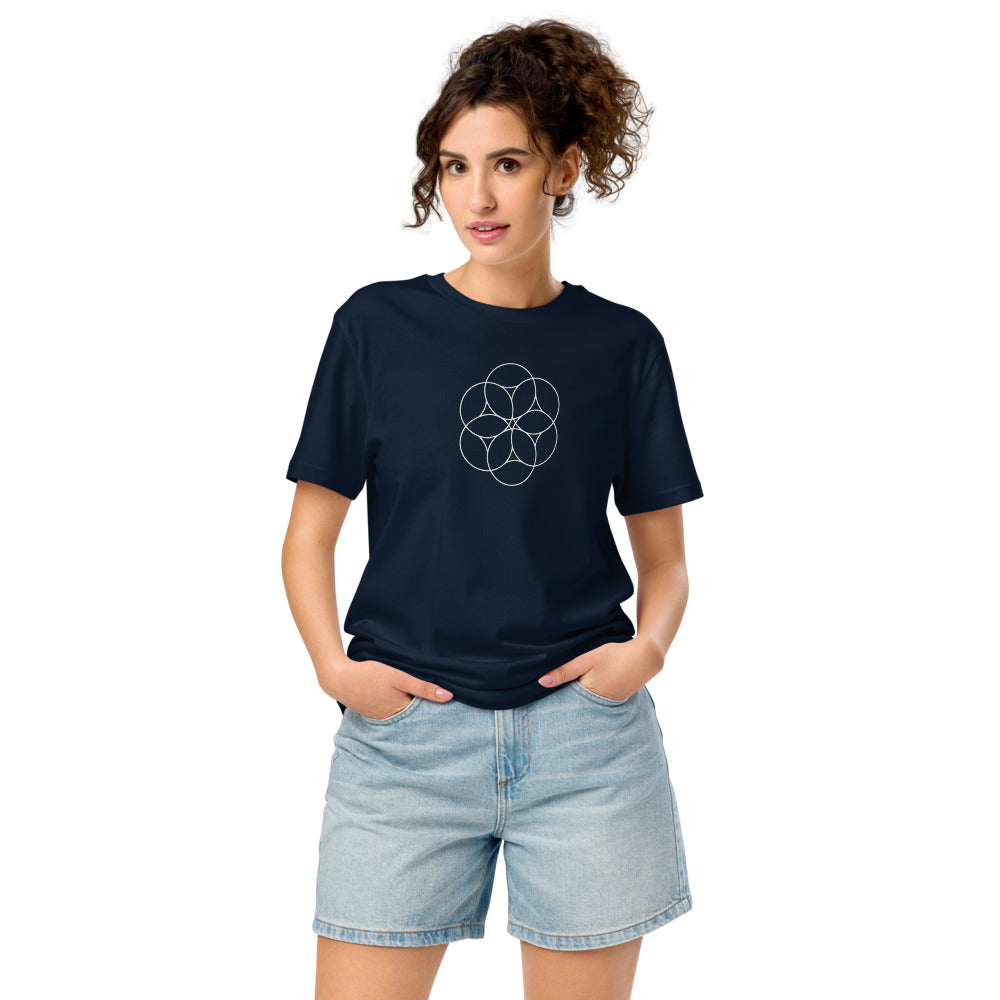 An orthographic projection of hexagonal close packing spheres in wireframe circles on a t-shirt. Worn by a woman, Ink colourway.