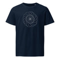 A sequence of nested Reuleaux triangles rotated progressively around a central hub, printed on a t-shirt. Shown on the Ink (French Navy) colorway.