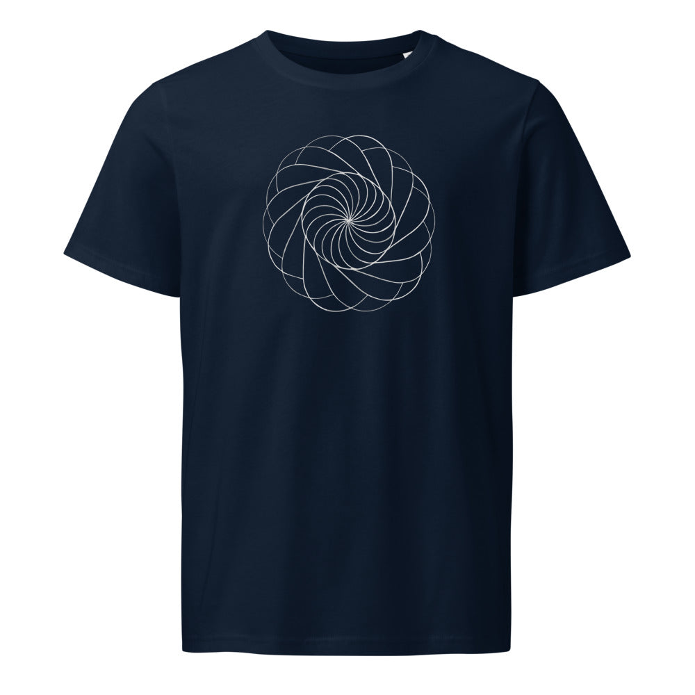 A sequence of nested Reuleaux triangles rotated progressively around a central hub, printed on a t-shirt. Shown on the Ink (French Navy) colorway.