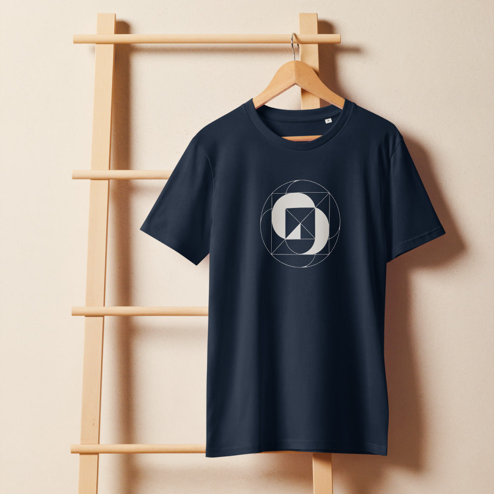 A geometric design of inverted concentric circles in thin vector lines on a t-shirt. On a wooden hanger, Ink colourway.