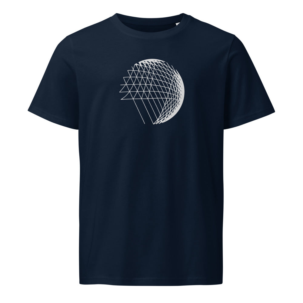 An abstract hyperbolic cylinder printed on a t-shirt, constructed from intersecting straight vector lines. Shown on the Ink (French Navy) colorway.